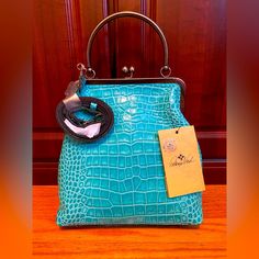 New Turquoise Leather Kiss-Lock Top Metal Handle And Crossbody Chain And Leather Strap Handbag Ideas, Boots Shoe, Bag Obsession, Leather Frames, Barrel Bag, Turquoise Leather, Croc Leather, Leather Floral, Brown Handbag