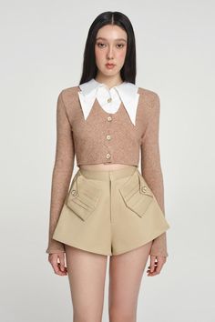 Origami Khaki Shorts - MEAN BLVD Crop Top With Collar, Gamine Outfits, Top With Collar, Mean Blvd, Dressy Shorts, A Line Shorts, Origami Art, Geek Chic, Detail Shop