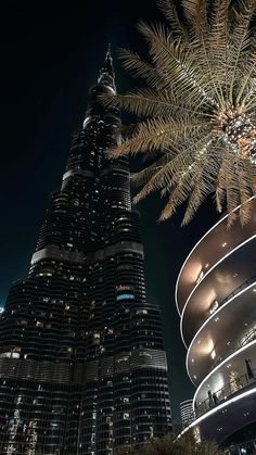 the burj building is lit up at night, with palm trees in front