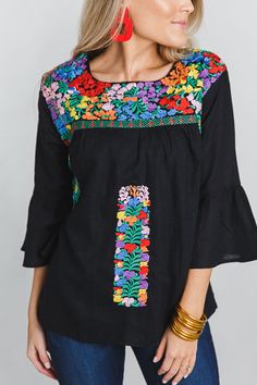 Bianca Embroidered Top, Black :: NEW ARRIVALS :: The Blue Door Boutique Black Summer Blouse With Geometric Embroidery, Black Embroidered Hem Top For Summer, Black Blouse With Geometric Embroidery For Summer, Black Summer Blouse With Embroidered Sleeves, Black Cotton Top With Geometric Embroidery, Spring Black Blouse With Geometric Embroidery, Black Cotton Folk Embroidered Top, Traditional Black Embroidered Top For Spring, Black Top With Intricate Embroidery