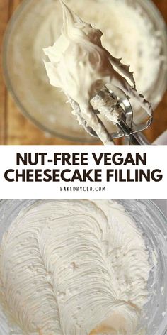 two pictures showing how to make nut - free vegan cheesecake filling