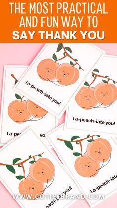 four cards with the words i teach you and three oranges on them, in front of