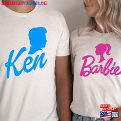 two people wearing shirts that say ken and barbie