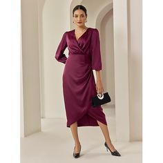 Season:Spring   Fall,Cross-Seasons; Fabric:Satin; Sleeve Length:3/4 Length Sleeve; Dress Length:Midi; Look After Me:Machine wash; Gender:Women's; Style:Party / Evening,Elegant; Elasticity:Inelastic; Occasion:Anniversary,Wedding Guest,Special Occasion,Valentine's Day,Party,Date,Party Evening Wear; Details:Without Lining; Waistline:Mid Waist; Dresses Type:Satin Dress,Elegant Dress; Pattern:Solid Color; Design:Ruched,Wrap; Sleeve Type:Lantern Sleeve; Brand:Ador; Listing Date:08/22/2024; Looseness:R Wedding Guest Midi Dress, Wedding Guest Midi Dresses, Wrap Sleeve, Valentinstag Party, Cheap Party Dresses, Wine Dress, November Wedding, Party Dresses Online, Modesty Fashion