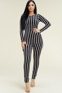 Velvet black and white stripe long sleeve jumpsuit 96% Polyester 4% Spandex Velvet fabric . Black Long Sleeve Unitard For Fall, Striped Stretch Jumpsuits And Rompers For Spring, Casual Black Long Sleeve Unitard, Black Trendy Long Sleeve Jumpsuits And Rompers, Trendy Fitted Striped Jumpsuits And Rompers, Trendy Striped Fitted Jumpsuits And Rompers, Fitted Jumpsuits And Rompers With Vertical Stripes, Trendy Striped Fitted Bodysuit, Velvet Jumpsuit