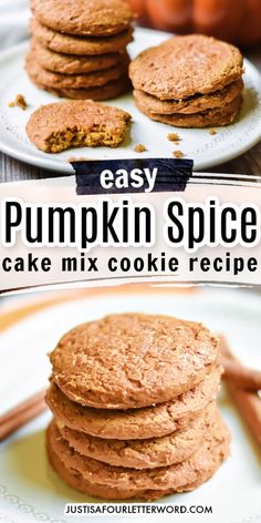 pumpkin spice cake mix cookies stacked on top of each other with text overlay that reads easy pumpkin spice cake mix cookies