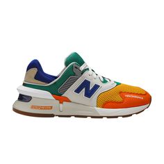 Find NEW BALANCE 997 on Editorialist. The New Balance 997 Sport ‘Multi-Color’ showcases a mix of vibrant hues on the upper, constructed from a blend of open mesh and synthetic suede. The contrasting colors are balanced by an Off-White suede saddle, accented with a leather ‘N’ logo in royal blue. It all rides on an ENCAP Reveal midsole, featuring lightweight foam and a split-detail polyurethane cage, with a gum rubber outsole for grippy traction underfoot. New Balances, New Balance Shoes, New Balance Sneaker, Mens Shoes Sneakers, Contrasting Colors, New Balance, Saddle, Top Sneakers, Gum