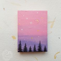 a pink and purple painting with pine trees on it's side, in front of a geometric background