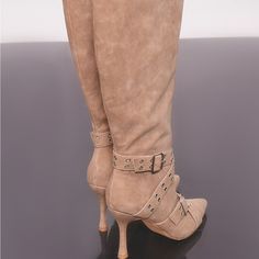 Suede, Size 9, Nude, Fashionable Chic Summer Boots With Buckle Closure, Beige Pointed Toe Boots With Buckle Closure, Chic Ankle Strap Beige Boots, Chic Beige Ankle Strap Boots, Beige Ankle Strap Boots For Fall, Chic Beige Boots With Buckle Closure, Beige Boots With Buckle Closure For Fall, Beige Spring Boots With Buckle Closure, Beige Boots With Buckle Closure For Spring