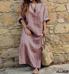 Olivia Mark - Cotton Linen Striped Oversized Maxi Dress Striped Tunic Dress, Loose Maxi Dress, Linen Yarn, Boho Summer Dresses, Cotton Linen Dresses, Tartan Dress, Linen Casual, Linnet, Loose Outfit