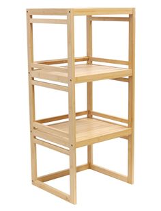 a wooden shelf with three shelves on the top and bottom, against a white background