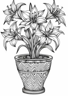 a drawing of a potted plant with lilies in it's flowerpot