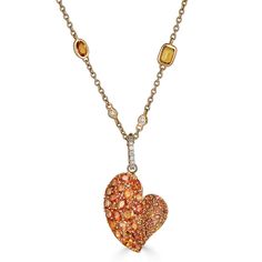 Approx. 7.70 carats Round and Oval Orange Sapphires Approx. 0.10 carats Round Diamonds Pendant is set in 18K Rose Gold Chain sold separately Orange Brilliant Cut Jewelry For Gift, Luxury Heart-shaped Jewelry With Rose Cut Diamonds, Luxury Heart-shaped Rose Cut Diamond Jewelry, Yellow Gold Heart Cut Multi-stone Jewelry, Orange Diamond Jewelry With Diamond Accents, Elegant Multi-stone Heart Cut Jewelry, Heart Cut Multi-stone Yellow Gold Jewelry, Elegant Heart-shaped Multi-stone Jewelry, Elegant Multi-stone Heart Necklace