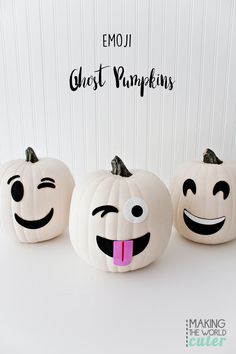 three pumpkins with faces painted on them and the words emoji ghost pumpkins