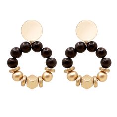 Introducing our lightweight and stylish statement earrings, the perfect accessory for your next getaway. These earrings feature a combination of round and geometric shaped gold wooden beads that are sure to make a statement. The large circle gold earring post adds a modern touch. These earrings are perfect for adding a touch of elegance to any outfit. Whether you're hitting the beach or exploring a new city, these earrings are sure to be your new go-to accessory. Lightweight and versatile, they'