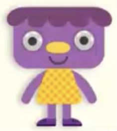 a purple cartoon character with big eyes and a yellow dress, standing in front of a white background