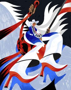 a painting of a man riding on the back of a white horse with red, white and blue feathers