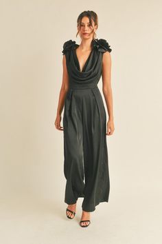 Most Beautiful, delicate Solid satin 3D floral applique front and open back deep cowl neck wide leg jumpsuit. Back self tie detail closure. Applique Jumpsuit, Cowl Neck Jumpsuit, Farm Clothes, Baywatch, Floral Applique, Evening Attire, Wide Leg Jumpsuit, Black Jumpsuit, Satin Fabric