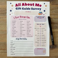 an all about me gift guide with a black pen on it and a wooden table