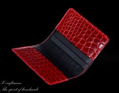 This leather cardholder comes with a medium storage capacity and an extra small sizing it would be great for everyday carry. MATERIALS: + Exterior: Genuine alligator in dark-red color, gloss finish. + Interior: French Chèvre(Alran Relma Crispe). + Traditional hand stitching with polyester thread - timeless durability. DIMENSION: 3.15 inches x 4 inches (8 cm x 10 cm) when folded It's small and comfortable to put into your front pocket. DESIGN:  + 4 card slots on the inside. + 2 hidden slots for e Alligator Wallet, Front Pocket Design, Minimalist Card, Leather Cardholder, Minimalist Cards, Wallet Minimalist, Front Pocket Wallet, Pocket Organizer, Leather Keyring