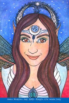 a drawing of a woman with long hair and wings on her head, wearing a tiara