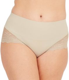 From Spanx&#x2C; this panty features:non-show lace fabrication elastic-free edgescomfortable smoothing at the bonded waistbandbody & lace of nylon/spandex; gusset of cottonmachine washImported. Fitted Full Coverage Bottoms With Lace Trim, Stretch Lace Shapewear With Lace Trim, Fitted Bottoms With Lace Trim And Full Coverage, Fitted Lace Trim Bottoms With Full Coverage, Fitted Lace Trim Full Coverage Bottoms, Shaping Brief Bottoms With Lace Trim, Shaping Shapewear With Lace Trim And Full Coverage, Seamless Full Coverage Lace Bottoms, Full Coverage Lace Shapewear Bottoms