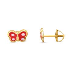 These adorable butterfly earrings for children feature white and red enamel wings outlined in 14K yellow gold. The dainty size is perfect for small ears, and screw backs keep the earrings securely fastened. Toddler Earrings, Small Ears, Jared The Galleria Of Jewelry, Gold Butterfly, Butterfly Earrings, Gold Enamel, Accessories Jewelry Earrings, White And Red, Gold Studs