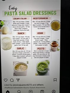 the menu for pasta salad dressings is posted on a signboard with instructions to make it