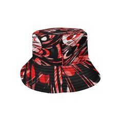 "Rave inspired red and black all over print bucket hat by BigTexFunkadelic that is reversible; the flip side is solid black. Made from premium cotton, this classic accessory adds another layer of cool to your outfit. * 9.00 Oz. Made from premium cotton. * Eyelets for breathability. * Size (approx): Brim: 2.44\", Side: 3.00\", Perimeter (top): 21.26\", Perimeter (brim): 34.65\". * Please wash it gently by hand for keeping its shape." Black Retro Bucket Hat For Summer, Retro Black Adjustable Bucket Hat, Retro Adjustable Black Bucket Hat, Black Reversible Hat For Streetwear, Retro Black Brimmed Bucket Hat, Casual Black Bucket Hat For Festivals, Casual Black Reversible Bucket Hat, Red Bucket Hat For Streetwear, Black Curved Brim Bucket Hat For Festivals