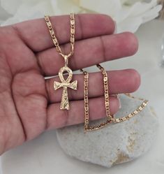 14k Gold Ankh Necklace, Gold Cross Chain, 14k Heavy Plated Gold, 2mm Scroll Chain, Textured Ankh Pendant, Lifetime Replacement Guarantee #NefertitiNecklace #14kGoldJewelry #AfricaNecklace #GoldCrossChain #GoldAnkhNecklace #GoldEgyptianCross #GoldCrossNecklace #EgyptianCross #14kGoldAnkh #WomensGoldCross Ankh Cross Necklace, Ankh Jewelry Necklaces, Ankh Necklace Aesthetic, Gold Chain Pendant Designs, Cross Gold Necklace, Gold Necklace Stack, Ankh Jewelry, Ankh Pendant, Dope Jewelry Accessories