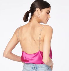 Busy Cami Chain Strap Top in Magnolia Pink from Cami NYC. This hot pink Busy Cami is designed with a cowl neckline and delicate crystal chain straps. Cut from a beautiful silk stretch sandwash charmeuse in a bias silhouette, the Busy Cami is perfect for formal summertime gatherings or date night dinners. FABRIC & CARE • Self: 92% silk, 8% spandex• Dry clean only• Imported SIZE & FIT • Bias-cut• Cowl neck • Baroque pearl chain straps Chain Strap Top, Date Night Dinners, Cami Nyc, Crystal Chain, Silk Charmeuse, Strap Top, Glam Fashion, Chain Strap, Womens Tank