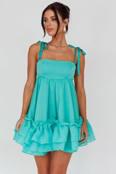 Shop the Dream Chaser Frill Hem Babydoll Dress Green | Selfie Leslie Green Babydoll Dress, Teal Mini Dress, Hoco 2024, Selfie Leslie, Hoco Dress, Dream Chaser, Iron Material, Summer Dress Outfits, Grad Party