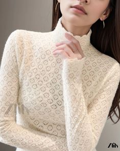 Zlily - Stylish Plush Lace Top – Slim Fit, Short High Neck Long Sleeve Base Shirt Spring Pointelle Knit Turtleneck Top, Spring Turtleneck Top In Pointelle Knit, Spring Turtleneck Top With Pointelle Knit, Elegant White Long Sleeve Knit Top, Elegant Pointelle Knit Fall Tops, Elegant Pointelle Knit Tops For Fall, White High Neck Tops For Fall, Casual Turtleneck Top With Pointelle Knit, White Crew Neck Blouse For Winter