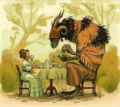 a woman sitting at a table in front of a monster eating food from a teapot