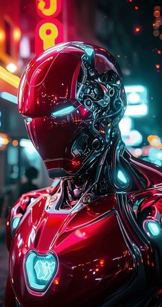 a red robot standing in front of a neon sign