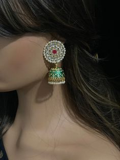 Jadau Jhumki Earring/ kundan Earring/ Pearl Earring/ Meenakari Earring/ Bollywood Earring New design premium brass quality, reverse AD stone, antique gold polish 100% Handmade Packed in a nice Box with cotton lining, Best for gifting to loved ones.. A personal note for your loved ones can be added. *Since this is 100% Handmade jewelry. So Color, shades, texture displayed may slightly vary from the actual product due to digital image limitations. We request you to consider these minor variations. Temple Jewelry Meenakari Drop Jhumkas, Temple Jewelry Style Meenakari Danglers, Traditional Jhumkas For Diwali With Pierced Ears, Navratri Meenakari Bridal Earrings, Green Round Meenakari Bridal Earrings, Green Meenakari Bridal Earrings, Festive Green Round Jhumkas, Green Meenakari Jhumkas As Gift, Green Meenakari Jhumkas For Gift