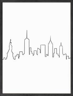 a black and white drawing of a city skyline