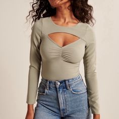 Nwt Abercrombie & Fitch Sage Green Ruched Long-Sleeve Cutout Top - M Brand New Abercrombie Crop Crewneck, Cutout Top, Cowl Neck Long Sleeve, Orange Blouse, Cut Out Top, Fall Fits, Black Lace Tops, Puff Sleeve Blouse, Puff Sleeve Top