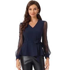 This elegant blouse with a peplum-waist design features a v-neck, see-through puff sleeve shirts, a ruffle hem, and a concealed zipper on the side. Elegant style, suitable for work, business, dating, holidays, vacations, and daily wear. This top can match skirts, PU pants, jeans, skinny pants, or work pants, to build your stylish look. Mesh Shirt, Shirts Women Fashion, Women's Tie, Elegant Blouses, Mesh Long Sleeve, Womens Tie, Puff Sleeve Top, Dressy Casual, Pants Jeans