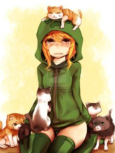 a drawing of a girl with cats on her head and hoodie over her shoulders