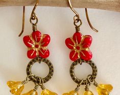 Sunflower Yellow Earrings, Picasso Czech Glass Flowers, Yellow and Red Flowers, Copper Birds, Flower Earrings, Bird Earrings, Nature, Boho - Etsy Red Bohemian Soldered Earrings, Bohemian Red Soldered Earrings, Vintage Red Copper Earrings, Vintage Czech Glass Flower Earrings For Gift, Vintage Czech Glass Flower Earrings Gift, Red Bohemian Jewelry With Flower Charm, Vintage Red Flower Earrings For Gift, Vintage Handmade Red Flower Earrings, Handmade Vintage Red Flower Earrings