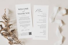 two wedding program cards with the words welcome and thank you on them next to a plant