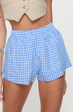 Playful gingham checks enliven breathable cotton-blend shorts that take inspiration from boxer styles. Elastic waist Back patch pockets 60% cotton, 40% recycled polyester Machine wash, tumble dry Imported Casual Plaid Pajama Shorts With Elastic Waistband, Gingham Bottoms For Summer Loungewear, Summer Gingham Bottoms For Loungewear, Summer Gingham Loungewear Bottoms, Plaid Cotton Shorts For Beach, Plaid Cotton Beach Shorts, Plaid Cotton Shorts For The Beach, Gingham Bottoms With Pockets, Gingham Short Bottoms With Pockets