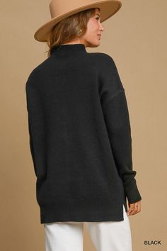 Mock Neck Pullover sweater -unlined -lightweight -non-sheer -knit -Fabric content - 54% acrylic, 28% polyester, 18% nylon Black Knit Sweater For Layering, Black Turtleneck For Layering, Winter Acrylic Tops With Ribbed Cuffs, Black Sweater For Fall Layering, Black Funnel Neck Sweater For Layering, Black Turtleneck For Fall Layering, Black Fine Knit Sweater For Fall, Long Sleeve V-neck Sweater For Layering, Knit V-neck Sweater For Fall Layering