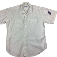 Vintage seafarer button front military uniform shirt. Measures as a large. 23 inches pit to pick, 30 inches long. High-quality. Excellent vintage condition, the tag is loose. Smoke and pet free home. 🇺🇸. White Camp Shirt With Pockets And Camp Collar, White Button-up Camp Shirt With Placket, White Camp Shirt With Spread Collar And Button Closure, White Camp Shirt With Spread Collar, White Camp Shirt With Camp Collar, White Camp Collar Shirt With Buttons, White Camp Shirt With Buttons, White Long Sleeve Camp Shirt With Button Closure, White Short Sleeve Shirt With Button Cuffs