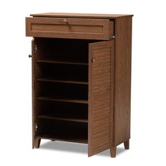 Baxton Studio Coolidge Modern and Contemporary Walnut Finished 5-Shelf Wood Shoe Storage Cabinet with Drawer FredCo Shelves With Storage, Wood Door Knobs, Wood Shoe Storage, Wood Shoe, Shelf Wood, Wood Shoes, Solid Wood Doors, Drawer Shelves, Baxton Studio