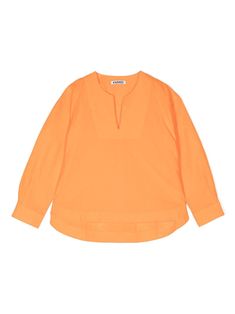 tangerine orange organic cotton notch collar long sleeves curved hem This item is made from at least 50% organic materials. Learn more about what makes a product Conscious on our Conscious Criteria page Orange Long Sleeve Cotton Blouse, Orange Relaxed Fit Long Sleeve Blouse, Orange Long Sleeve Blouse With Relaxed Fit, Tangerine Orange, Organic Materials, Notch Collar, Cotton Blouses, Tunic Tops, Organic Cotton