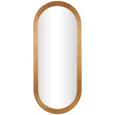 an oval wooden mirror on a white background