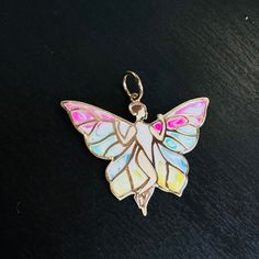 It measures 1.25" long with the bail, and 1.25"  wide Made in solid 14k yellow gold, not plated Marked 14K Ring is 5mm Gold Enamel Jewelry With Butterfly Charm, Fairy Style Gold Jewelry For Gift, Fairy Butterfly, Butterfly Charm, Charm Pendant, Beauty Book, Charms, Accessory Gift, Plating