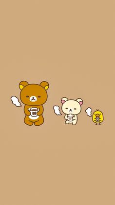 two cartoon bears standing next to each other on a brown background with one bear holding an object in it's mouth